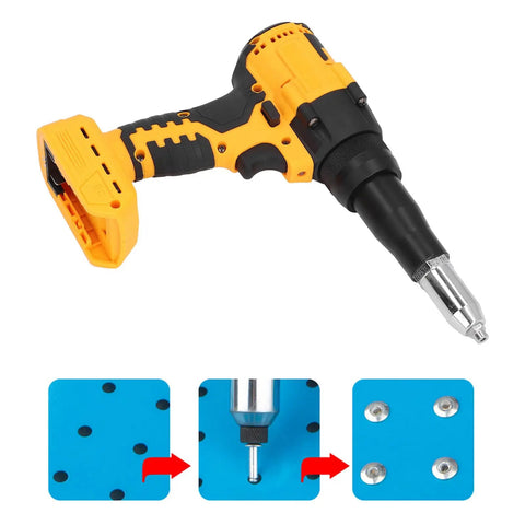 Heavy Duty Cordless Electric Rivet Gun With Brushless Motor And Integrated Led Light For 3.2 To 4.8 mm Fasteners viewed at an angle, showcasing its grip and nozzle.