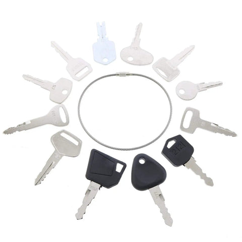 12 Key Forklift Master Key Set With Ignition Keys For Yale Cat Komatsu Doosan Nissan Hyster JCB Volvo Mitsubishi And More On One Ring For Easy Access And Quick Starts, 12 metal keys on cable ring