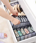 Slick Nylon Mesh Drawer Divider Set For Bras Socks And Lingerie Dresser Sorting Bins in use with organized socks and lingerie.