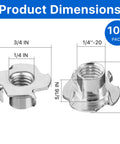 Side view of 100 Pack One Quarter Twenty T Nuts Stainless Steel 304 Four Prong Tee Nuts with dimensions labeled.