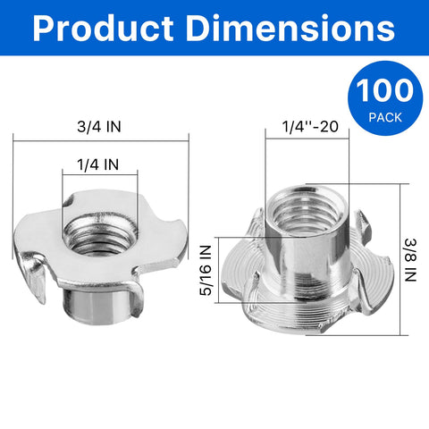 Side view of 100 Pack One Quarter Twenty T Nuts Stainless Steel 304 Four Prong Tee Nuts with dimensions labeled.