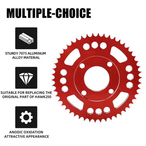 Beefed Up Rear Chain Sprocket For Hawk 250 428 50T CNC 7075 Aluminum Alloy Red Direct Fit Replacement