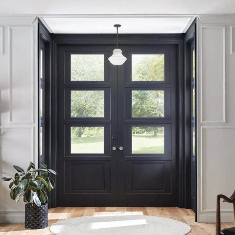 Everly Single Light Schoolhouse Pendant With Clear Glass Shade in a Chill Chrome Finish, modern ceiling light above double doors