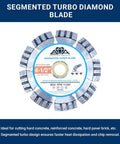 Segmented turbo diamond blade for cutting hard concrete and brick, 4-1/2 inch, displayed on a blue background.