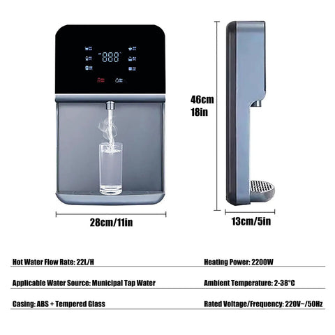 Wall Mounted Water Cooler With Child Lock, Instant Hot Water Dispenser, LED Smart Panel, Adjustable Temperature, side view