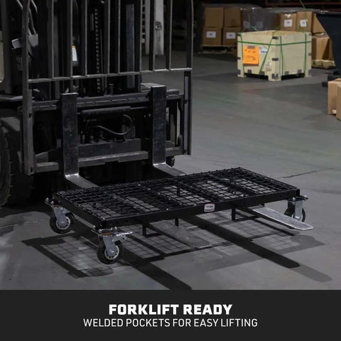 Heavy Duty Mobile Industrial Pipe And Lumber Rack Cart That Moves Like Butter With Four Double Sided Shelves for forklift ready lifting.