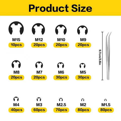 500 Piece Circlips Assortment Kit For DIY And Auto Projects Featuring E Clips And C Clips External Retaining Rings Snap Opening Rings M1.2 To M15 Heavy Duty Carbon Steel Durable Retaining Ring Set size chart with tweezers