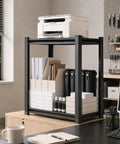 Straight Up Heavy Duty 2 Tier Printer Stand With Reinforced Steel Storage Industrial Office Desk Organizer Shelf Space Saving Computer Rack For Scanner Copier Paper Black with printer and office supplies.
