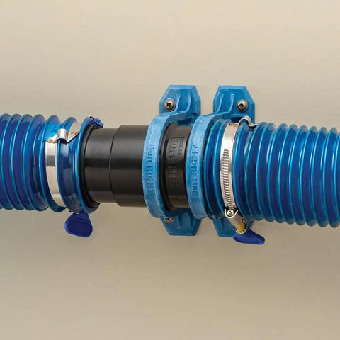 Dust Right Ready-Mount 2.5 Inch Vacuum Hose Fitting Brackets with interlocking teeth and hose connection tool for dust collection.