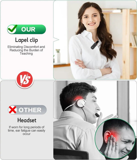 Side-by-side comparison showing a person using a lapel clip microphone and another with a headset, illustrating comfort differences.