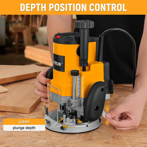 Beefy 2400W Wood Router for Heavy Duty Woodworking With Fixed Base, Precision Cutting and Shaping, close-up with 60mm depth control