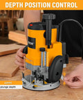Compact Palm Router With 4.8 Amp 580W Power, Fixed Base, One Quarter Inch Collet for woodworking, shown in workshop