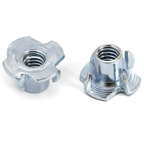 Two carbon steel zinc tee nuts from All In One Wood Fastening Kit With One Quarter Twenty Threaded Inserts Tee Nuts Bolts And Washers.
