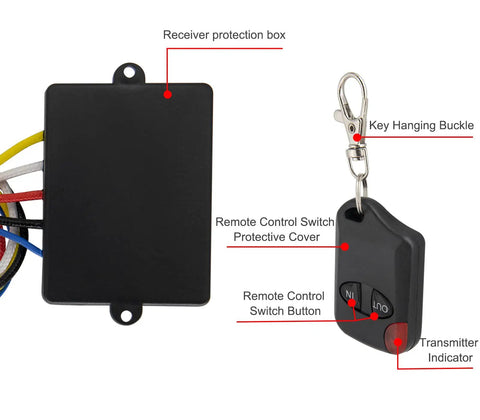 Wireless Winch Remote Control Kit 12V Handset Switch Controller With 100 Foot Range featuring receiver and keyring remote.