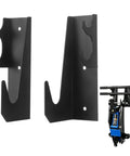 2 Pack Heavy Duty Floor Jack Storage Rack Wall Mount Stand For Hydraulic Trolley Jacks Space Saving Garage Tool Organizer For Home Workshop And Auto Repair Shop Black showing two black steel wall mounts and a hydraulic jack.