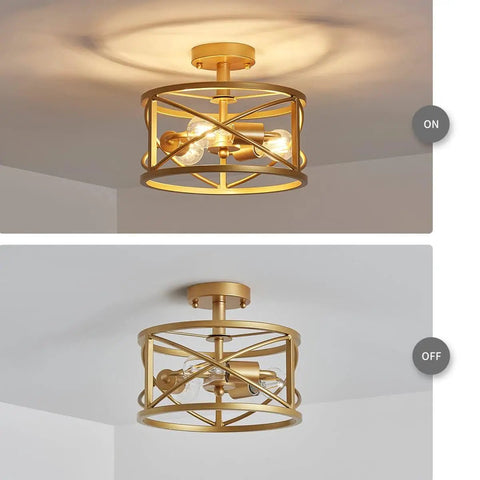3 Light Vintage Farmhouse Industrial Dope Semi Flush Mount Ceiling Light In Gold Finish, E26 Base, 9.4 In High By 12 In Wide, Perfect For Foyer, Bedroom, Hallway, Kitchen Or Bathroom, Modern Rustic Metal Fixture, illuminated and unilluminated