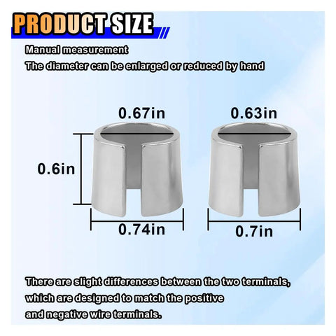 Heavy Duty Car Battery Terminal Adapters Slick Pure Lead Post Shims, sizes 0.63in to 0.74in, designed for secure connections.
