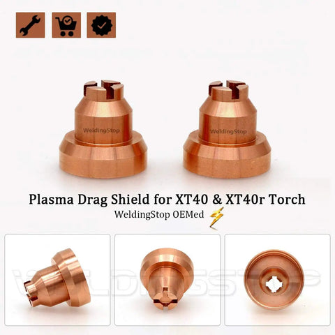 Drag Shield 40A For Miller Spectrum 625 X-Treme Plasma Cutter XT40 Torch Kit showing copper build, 2-pack