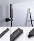 Slick Wall Mounted Digital Display Led Black Shower System Featuring 4 Function Pressurized Waterfall Rain Mode And Handheld Sprayer Hydropower Temp Gauge Tub Spout Heavy Duty Stainless Steel Solid Build Easy Peasy Install Top Shelf Bath Upgrade handheld sprayer in matte black with water stream.