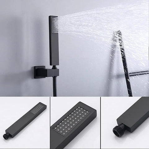 Slick Wall Mounted Digital Display Led Black Shower System Featuring 4 Function Pressurized Waterfall Rain Mode And Handheld Sprayer Hydropower Temp Gauge Tub Spout Heavy Duty Stainless Steel Solid Build Easy Peasy Install Top Shelf Bath Upgrade handheld sprayer in matte black with water stream.