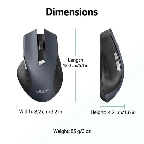 Dimensions of Wireless Mouse For Laptop And PC Desktop With 2.4GHz USB Receiver 6 Buttons And 1600 DPI Adjustable For Medium To Large Hands Cordless No Cable Needed Plug And Play shown in front and side views.