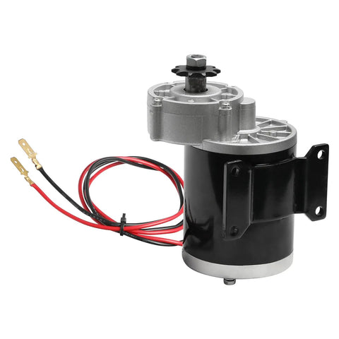 Heavy Duty 24V 450W Brushed Gear Motor Kit With Controller showing motor assembly with black and silver housing and wiring. Works for ebikes.