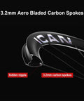 Ultralight High Modulus Carbon Wheelset With Aeris 40 And 50 Aero Rims For 700C Disc, close-up of aero bladed spokes