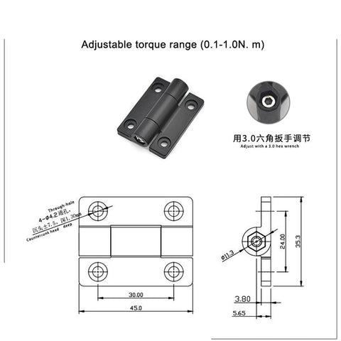 Torque hinge, black zinc-alloy, adjustable, 35.3×45 mm, 1 piece, through-hole mounting