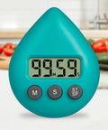 Waterproof Digital Timer with Suction Cup Loud Alarm for kitchen, shown with LCD display, minute and second buttons, teardrop shape in kitchen setting.