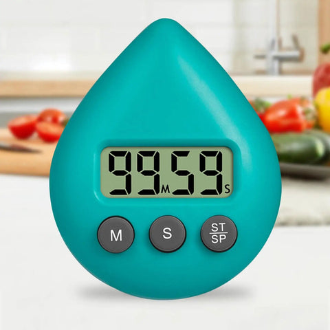 Waterproof Digital Timer with Suction Cup Loud Alarm for kitchen, shown with LCD display, minute and second buttons, teardrop shape in kitchen setting.