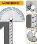 No Fuss Stainless Steel Zero To One Eighty Degree Round Head Protractor And Angle Finder Gear showing clear calibration and adjustable design.