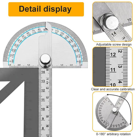 No Fuss Stainless Steel Zero To One Eighty Degree Round Head Protractor And Angle Finder Gear showing clear calibration and adjustable design.