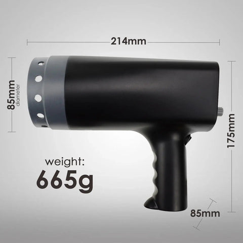 Digital Handheld Stroboscope With Wide Range From 50 To 12,000 FPM shown with dimensions and weight details on gray background