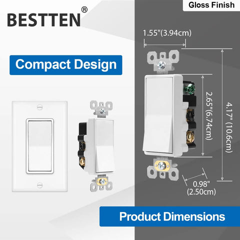 4 Pack 4 Way Decorator Wall Light Switch With Wall Plate 15A 120 277V On Off Paddle Rocker Interrupter Self Grounding UL Listed