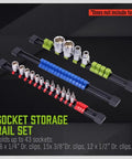 Heavy Duty Socket Organizer Set With Rails For One Quarter, Three Eighths, And One Half Inch Sockets, Secure Clip Mounts