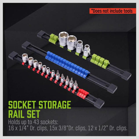 Heavy Duty Socket Organizer Set With Rails For One Quarter, Three Eighths, And One Half Inch Sockets, Secure Clip Mounts