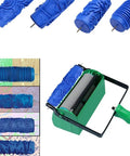 Slick Patterned Paint Roller With Swappable Texture Wheels And Dual Color Coating Wand For Fast Walls And Ceilings Plus Comfort Grip Five Inch Embossed Handle showcased with various texture wheels on a green handle roller.