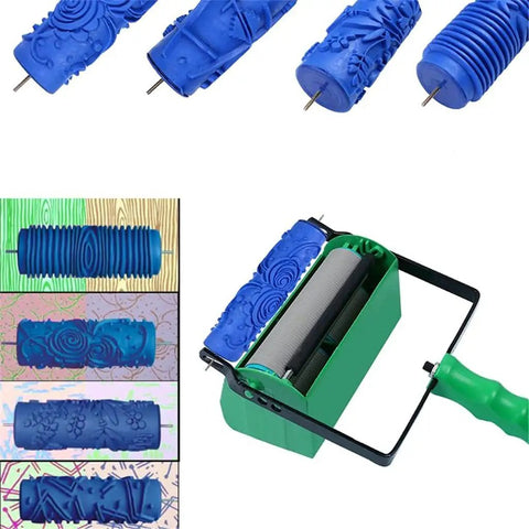 Slick Patterned Paint Roller With Swappable Texture Wheels And Dual Color Coating Wand For Fast Walls And Ceilings Plus Comfort Grip Five Inch Embossed Handle showcased with various texture wheels on a green handle roller.