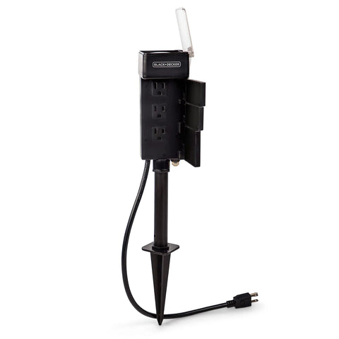 Tough As Nails Garden Timer Stake With 6 Grounded Outlets Waterproof Timer for outdoor use with multiple plugs and a stake.