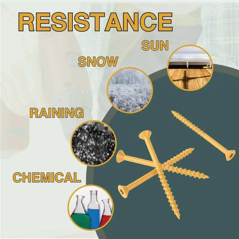 Top Shelf Size 10 By 3-1/2 Inch Deck Screws 330 Count T25 Star Drive showing resistance to sun, rain, snow, and chemicals, featuring yellow coating.