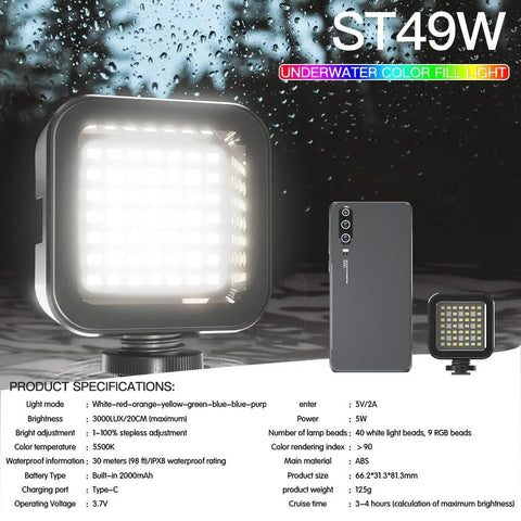 Underwater Video Fill Light With 49 LED Beads, 5000 Lux At 20cm, 7 Modes RGB, 30m Waterproof Dive Light, specs visible, ST49W model