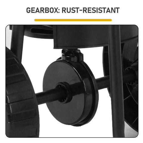 Close-up of rust-resistant gearbox on Outdoor Broadcast Lawn Spreader 70 Lbs Capacity Walk Behind Push Spreader.