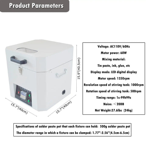 Automatic Solder Paste Mixer For SMT Tin Cream Mixing Dual 500g Capacity 1350 RPM with product parameters panel