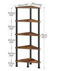 Built Different Five Tier Corner Shelf Stand, Industrial Bookcase With Rustic Brown Wood Shelves And Rock Solid Black Steel Frame, 115cm tall.