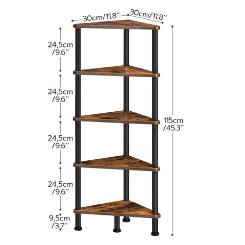 Built Different Five Tier Corner Shelf Stand, Industrial Bookcase With Rustic Brown Wood Shelves And Rock Solid Black Steel Frame, 115cm tall.