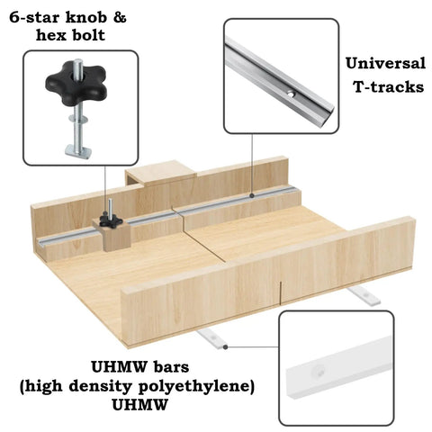 Table Saw Crosscut Sled Kit With Aluminum T Track And UHMW Miter Bars featuring 6-star knob and hex bolt for DIY woodworking