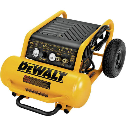 Heavy Duty Portable Air Compressor Featuring 4 5 Gallon Steel Tank And 225 Psi Maximum Pressure with large pneumatic wheels.