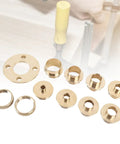 Dead Nuts Accurate Solid Brass Router Guide Kit with Eleven Precision Template Bushings including brass inserts set on workbench