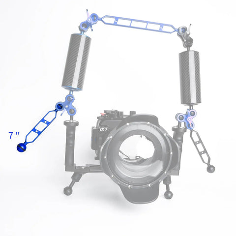 Blue 7 Inch Underwater Aluminum Alloy Extension Arm 2 Pack With Dual Ball Heads And 1 Inch Connector on dive camera rig