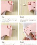 Step-by-step guide showing parts of the No Sweat Heavy Duty Handheld Sewing Gun Quick Clothing Repair Tool Featuring Pink Grip.